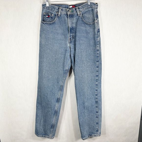 VTG Tommy Hilfiger Jeans Size 30x30 Straight Leg 90s Spell Out Big Flag Blue 223 - Picture 4 of 9
